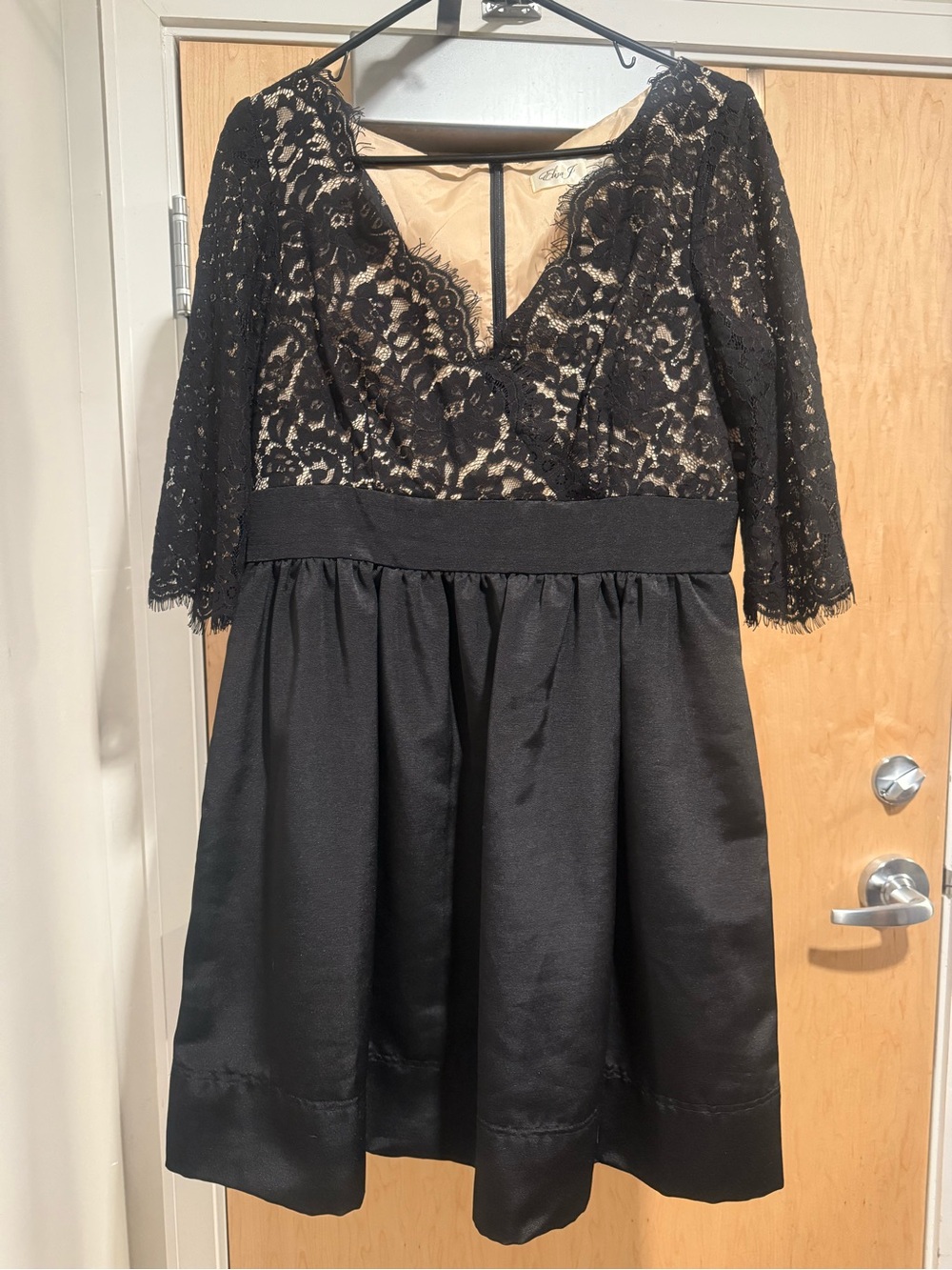Eliza J Black Lace Over Nude Fit-and-Flare Cocktail Dress